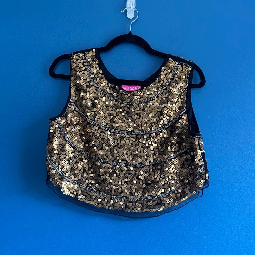 Y2K Sequin Crop Top Women's Size Medium Gold Say What? Black Mesh Coachella